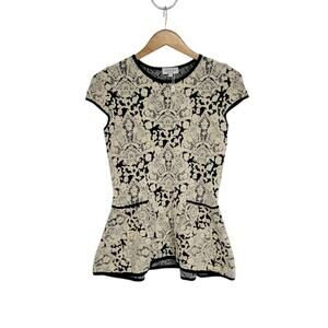Valentina Shah Cream & Black Knit Wool Blend Short Sleeve Peplum Top Size Large